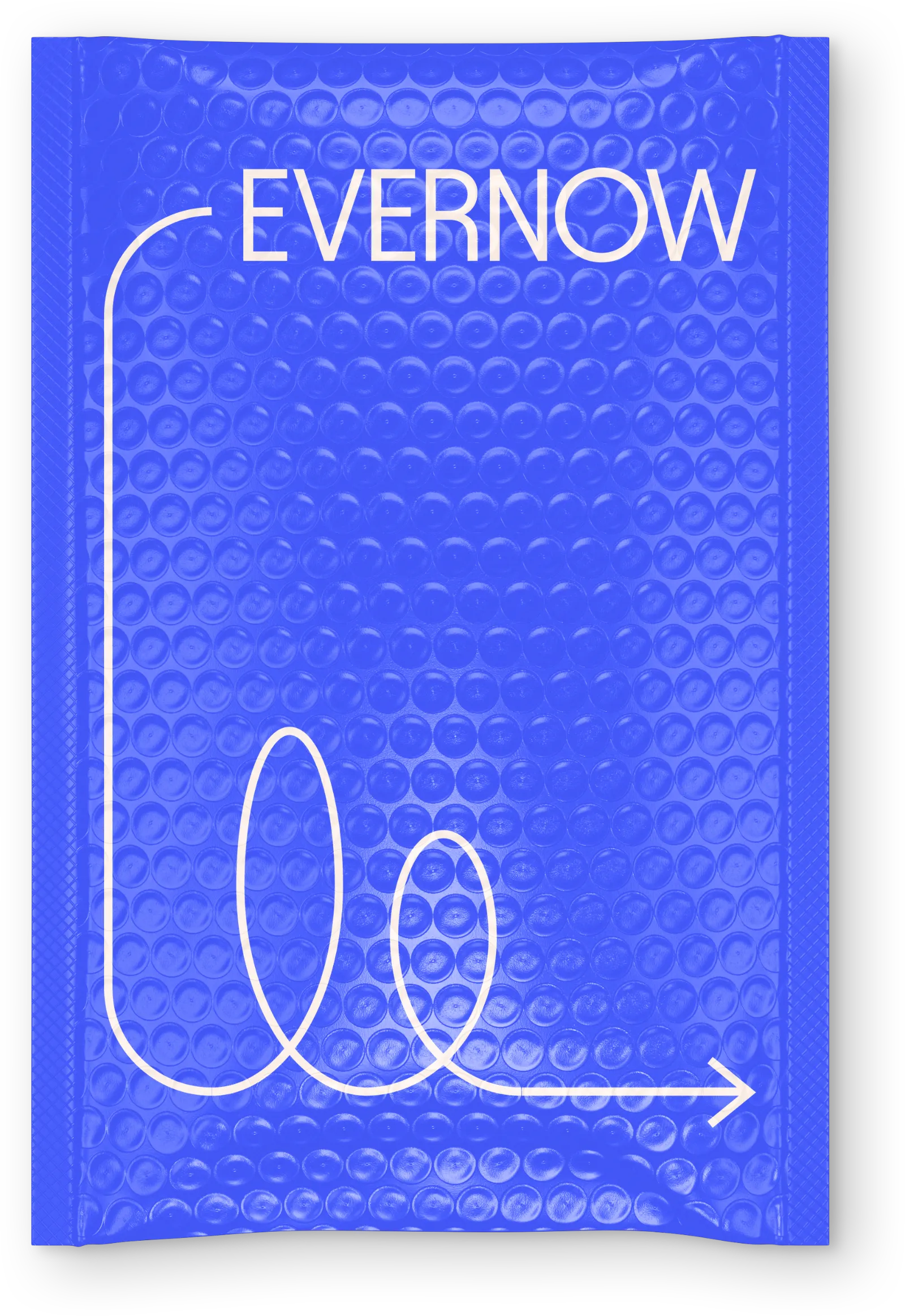 Blue color bubble mailer with white text 'EVERNOW' and a looping arrow design on the front.