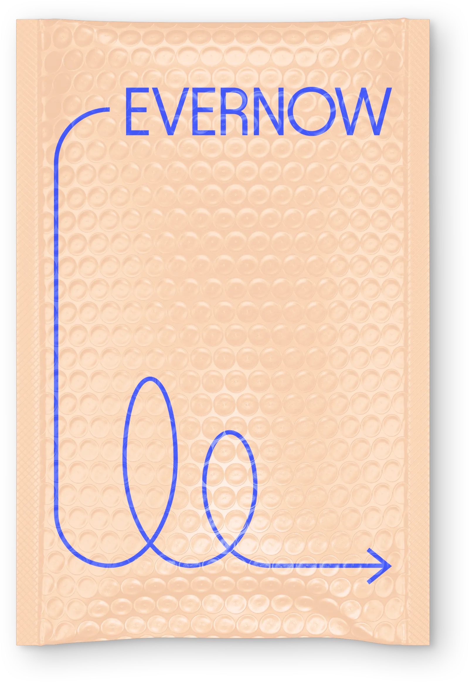 Salmon pink color bubble mailer with blue text 'EVERNOW' and a looping arrow design on the front.