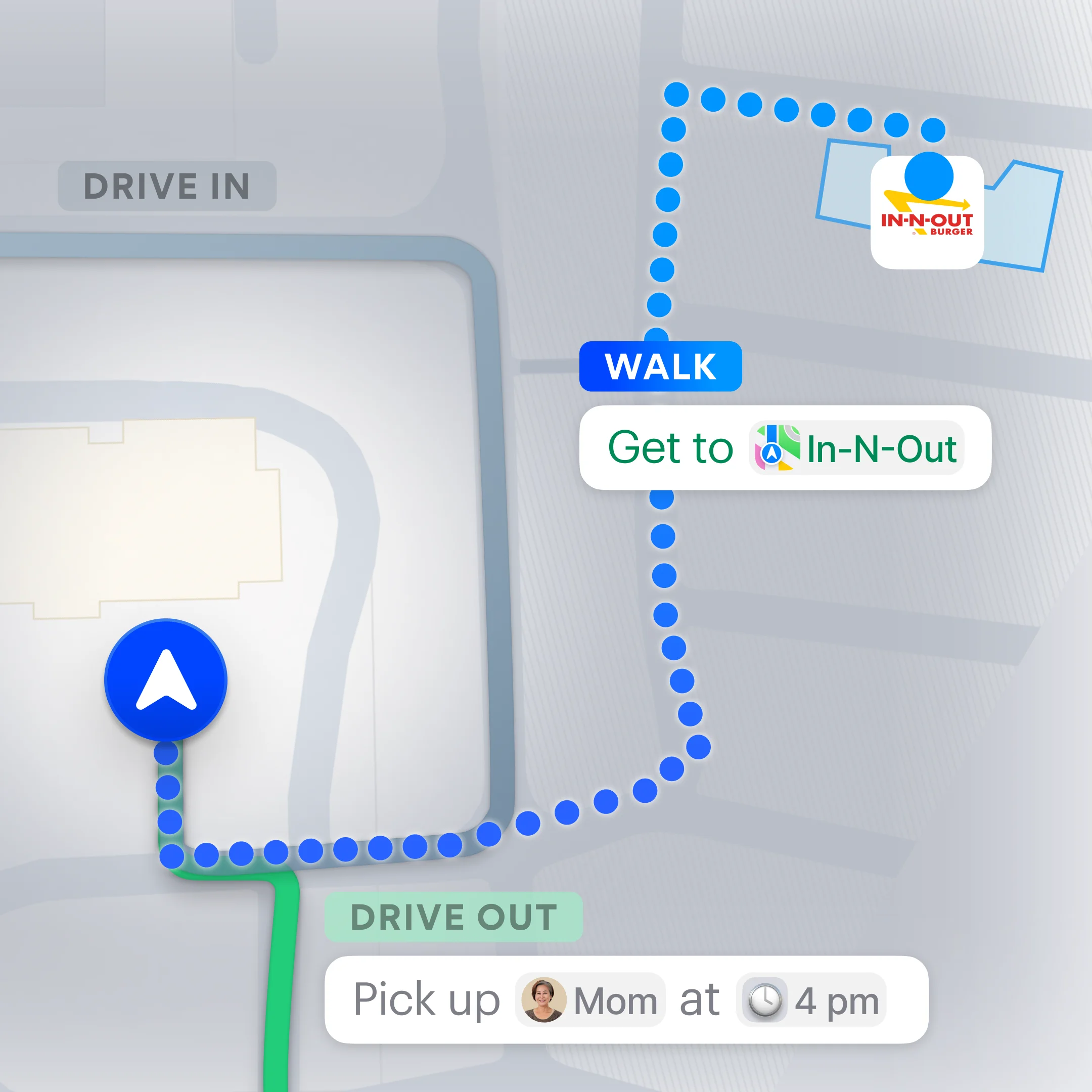 Same map with walking path and driving out path displayd