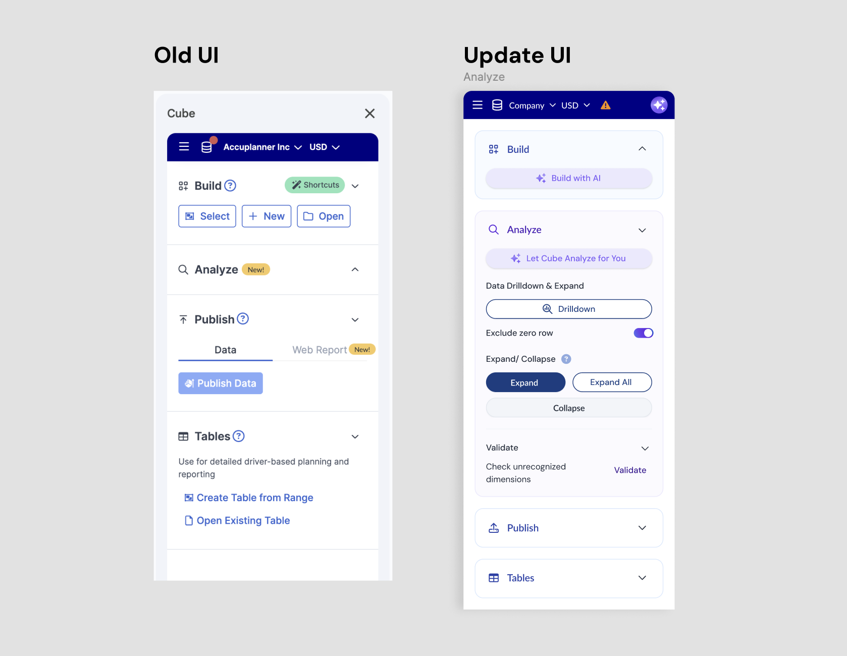 Cube Sheet Plugin — Old UI vs Updated UI showing AI integration and visual modernization