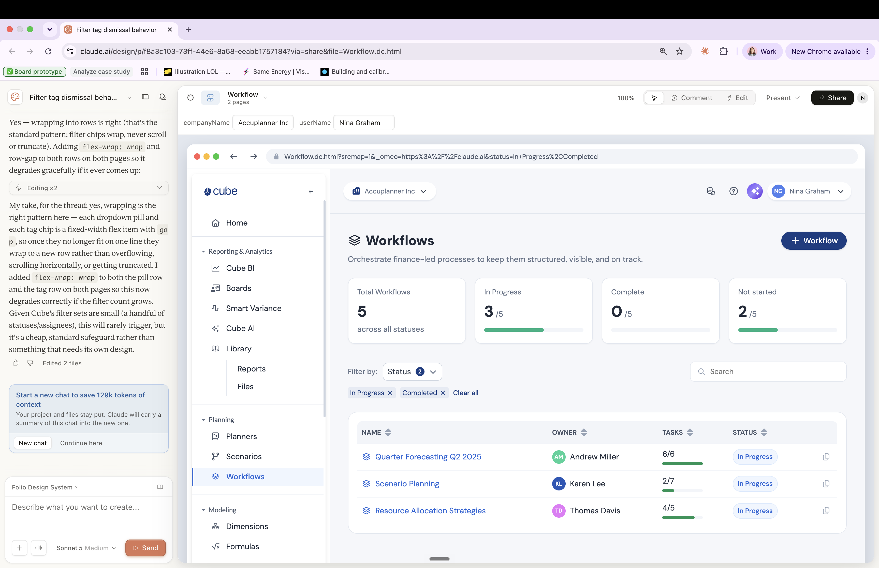 Claude Design canvas showing the Workflows prototype and AI-assisted design workflow