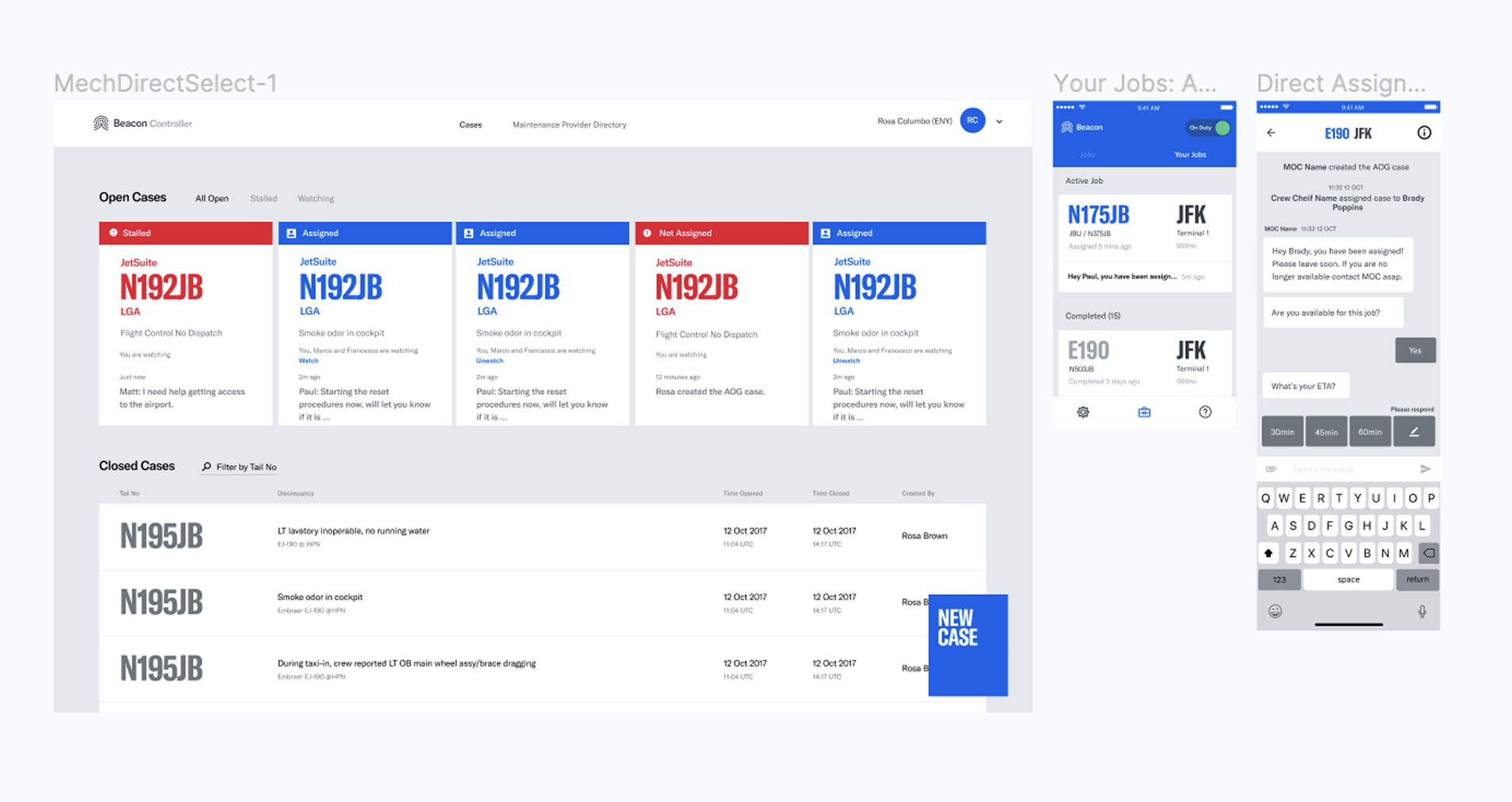 Beacon v1 — the original Beacon Controller web app and native mechanic iOS app, showing two separate product surfaces across three codebases