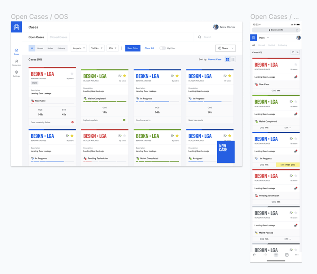 Beacon v3 — the most recent product iteration showing the refined case management UI across web and mobile