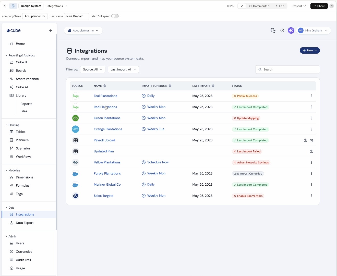 Cube Integrations page — shipped product UI showing multi-source data integrations with status tracking, built on the Cube Library design system