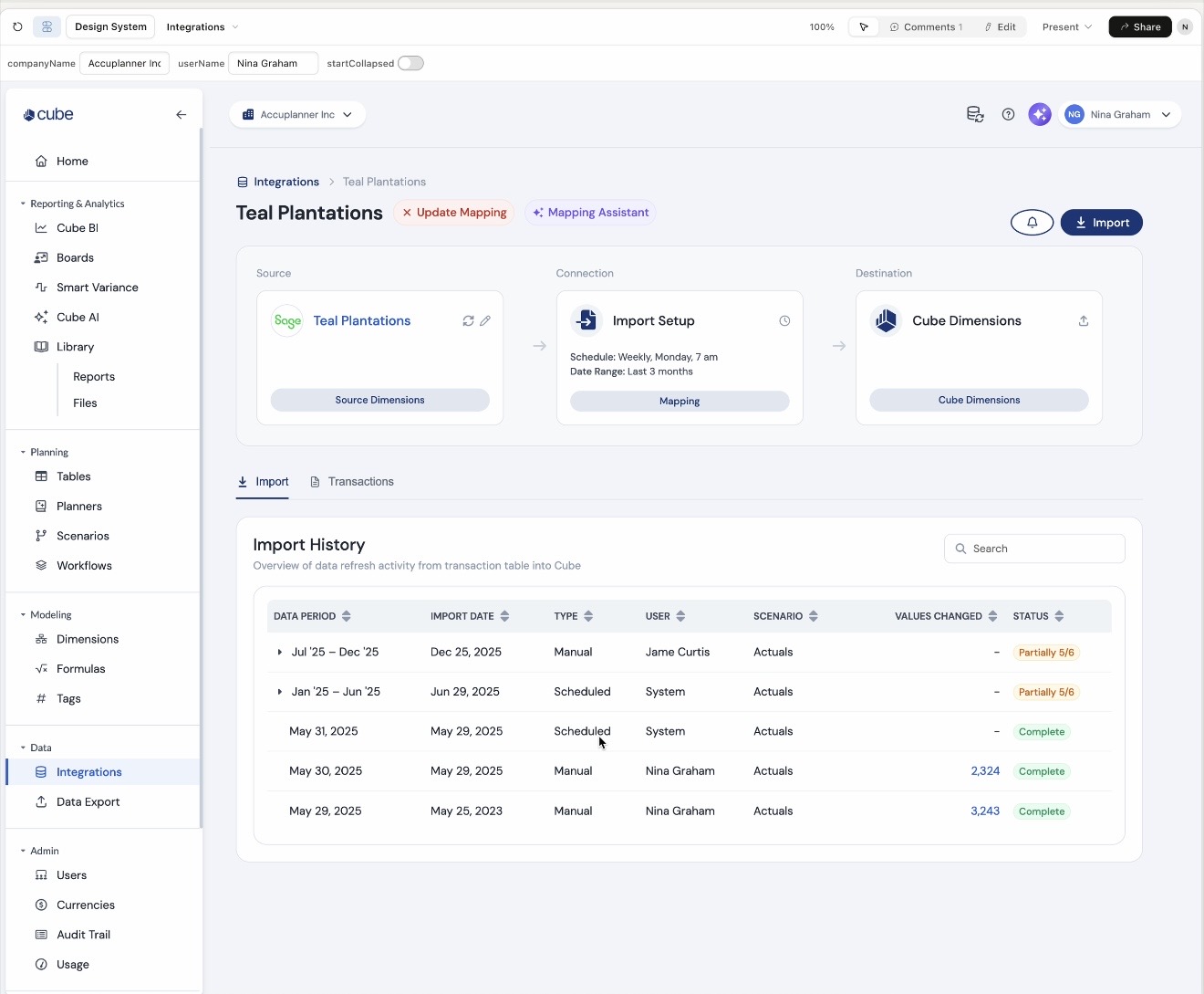 Cube Integration detail view — source-to-destination data flow and import history table, demonstrating the depth of the production-ready product
