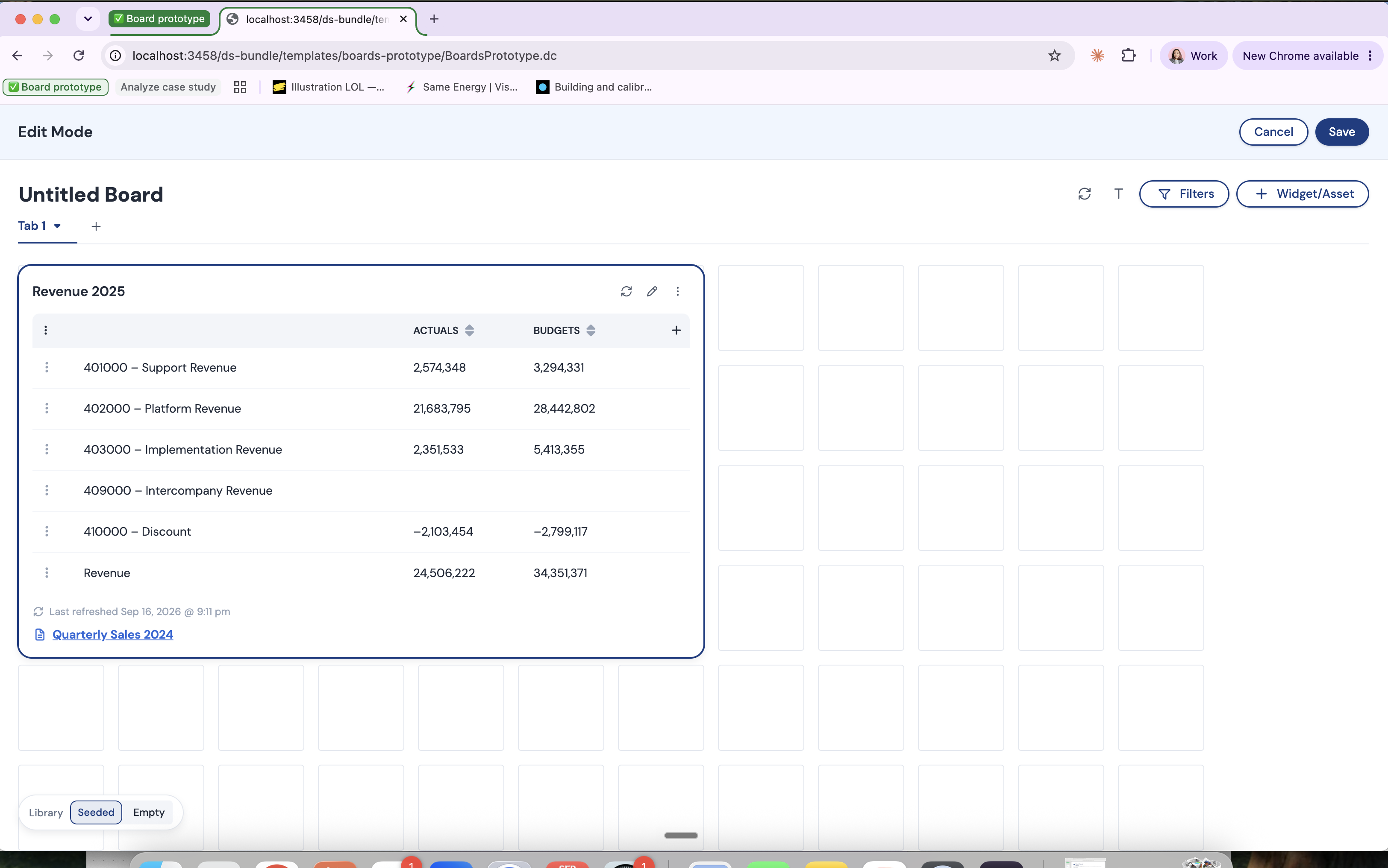 Cube Boards — edit mode canvas with Revenue 2025 widget placed on the grid