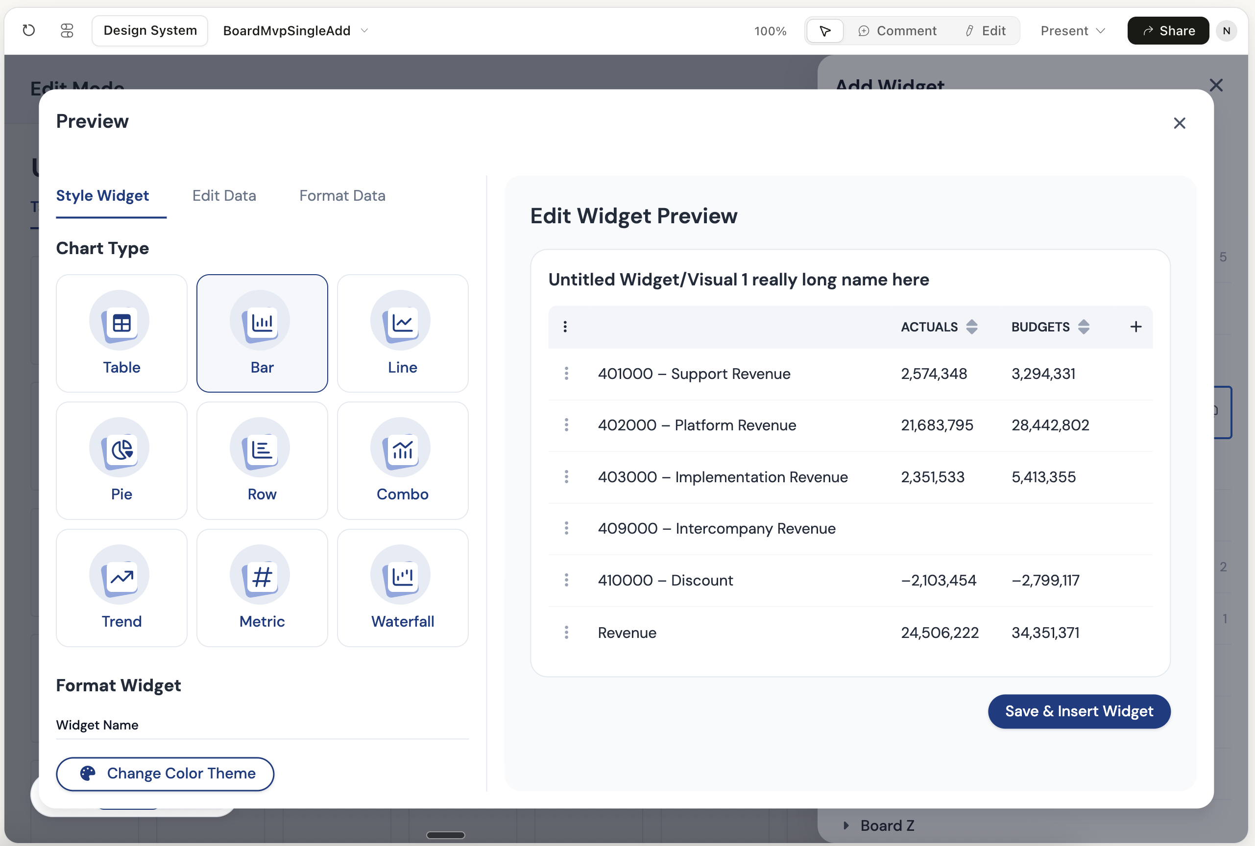 Cube Boards — widget editor showing chart type picker and live Revenue 2025 data preview