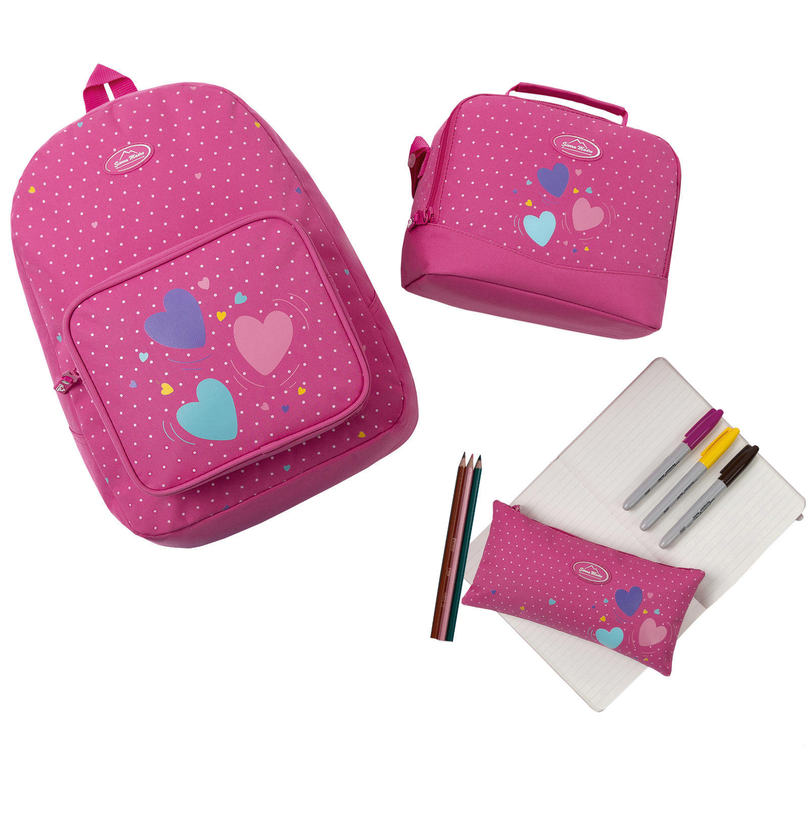 Mochila niña lavanda con porta lapiceros, cuaderno y lonchera