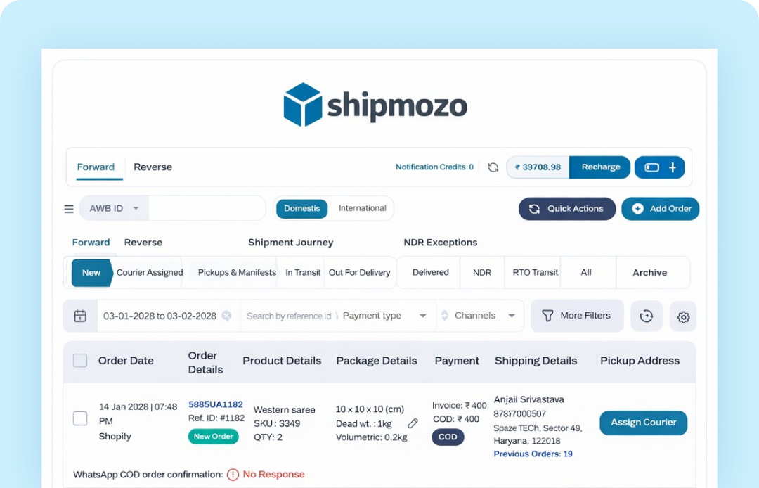 Shipmozo order management interface showing order details with product information, payment, shipping and pickup address, order status, and courier assignment option.