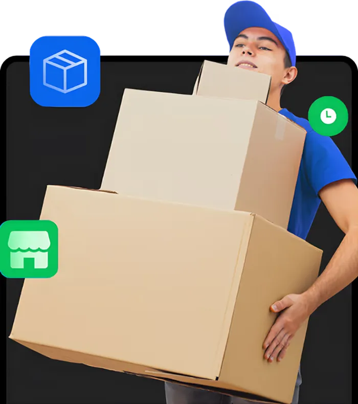 Delivery person in blue shirt and cap carrying three large stacked cardboard boxes with icons of a package, store, and clock around.