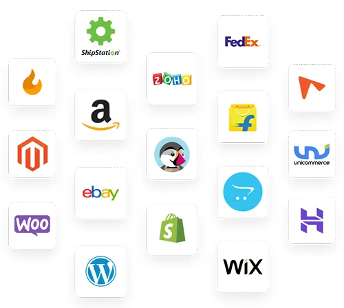 Grid of e-commerce and logistics platform logos including ShipStation, FedEx, Amazon, Zoho, Flipkart, Magento, eBay, WooCommerce, Shopify, Wix, WordPress, PrestaShop, Unicommerce, Hotjar, and others.