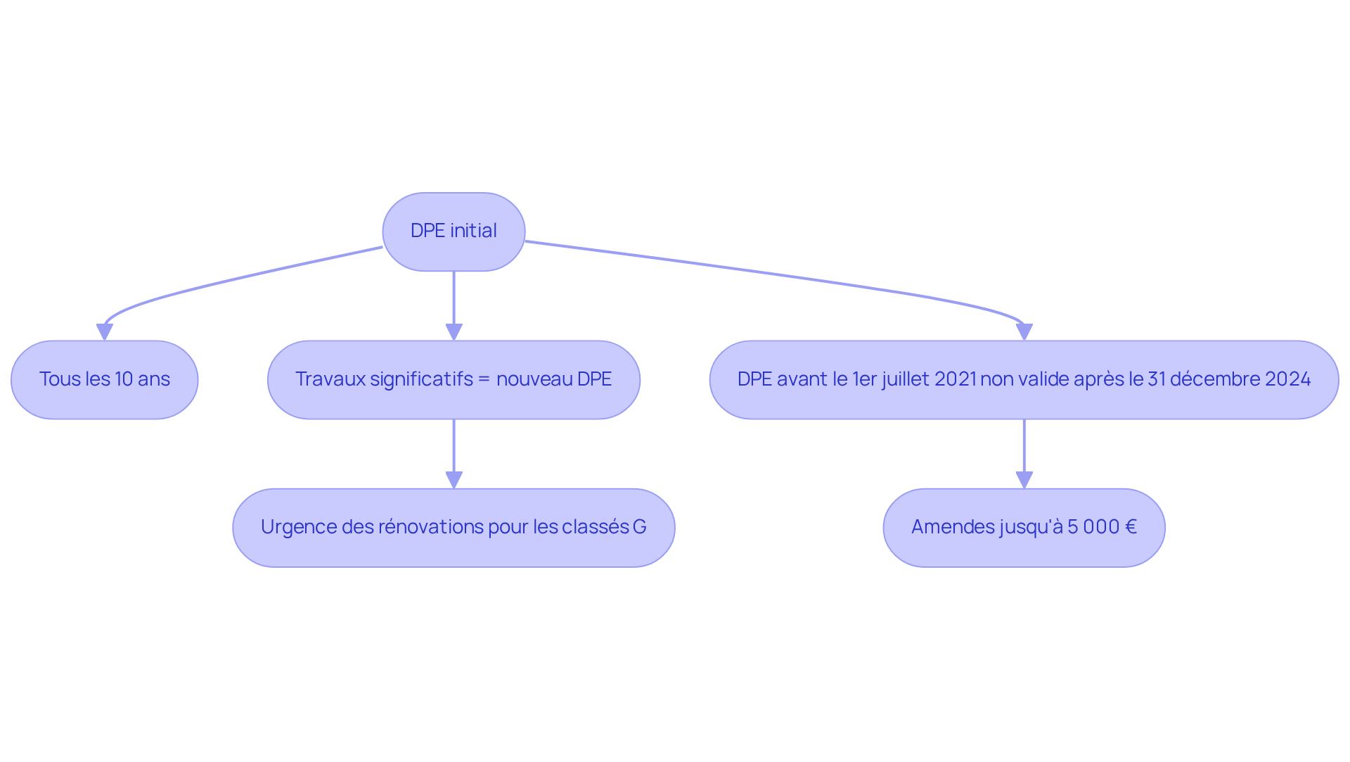 Chaque boîte représente une étape dans le processus de DPE. Suivez les flèches pour voir comment chaque étape mène à des obligations et des conséquences.