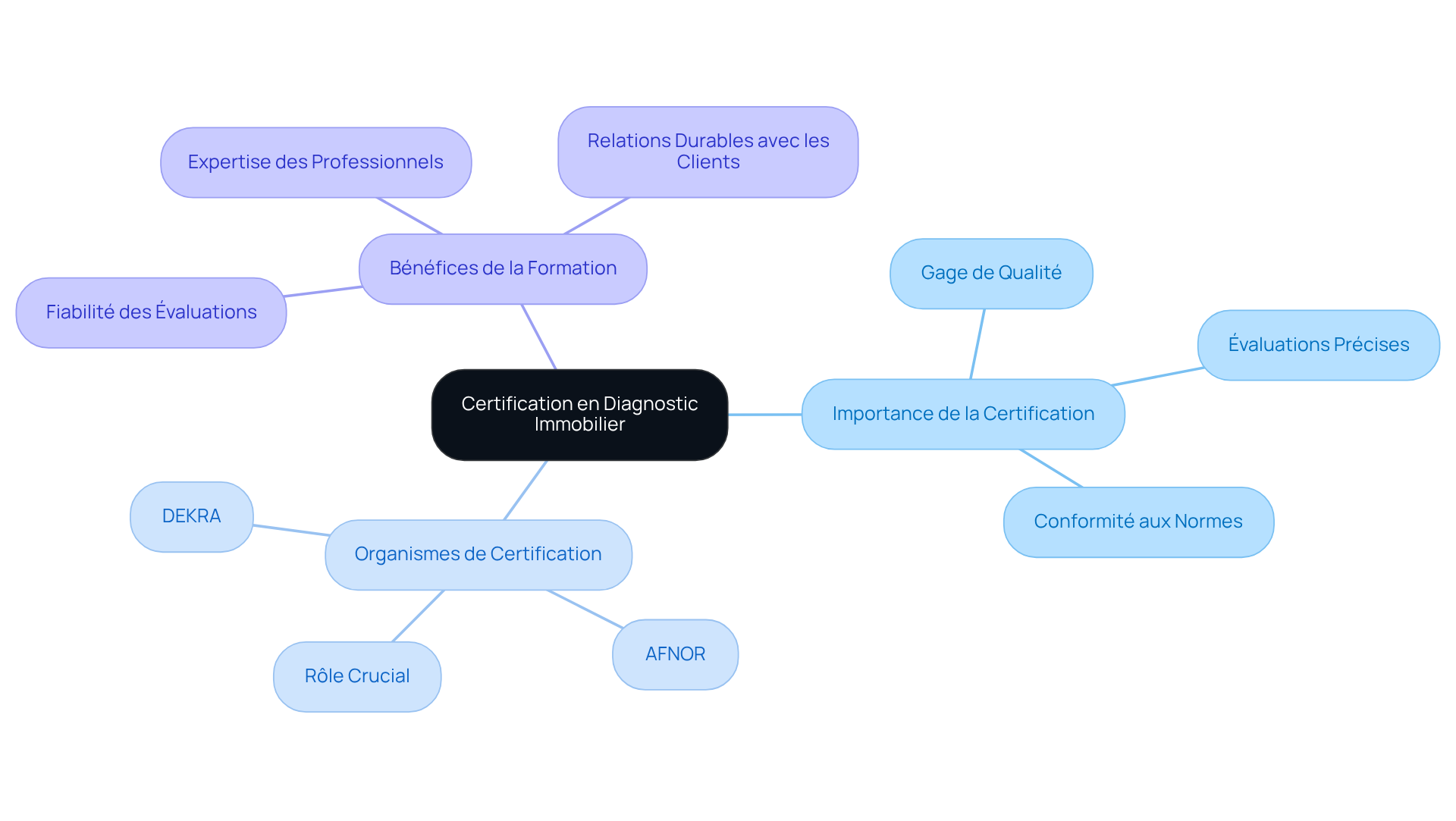 Au centre, vous avez la certification, et chaque branche représente un aspect clé : l'importance, les organismes qui certifient, et les bénéfices de la formation. Suivez les branches pour explorer chaque idée liée à la certification.