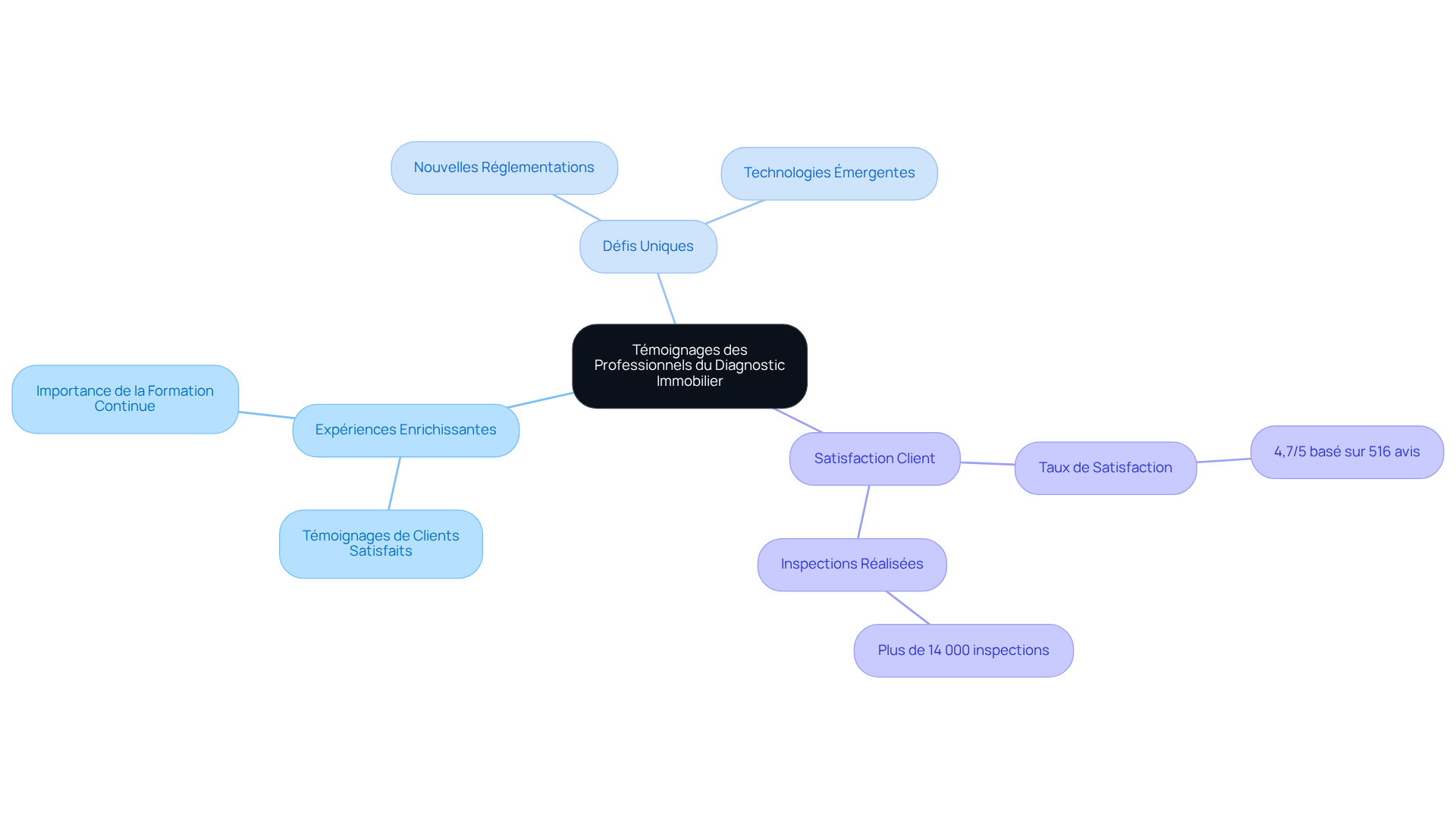 Chaque branche représente un aspect des témoignages et expériences des diagnostiqueurs. Suivez les sous-branches pour découvrir les histoires, les défis et les statistiques sur la satisfaction des clients.