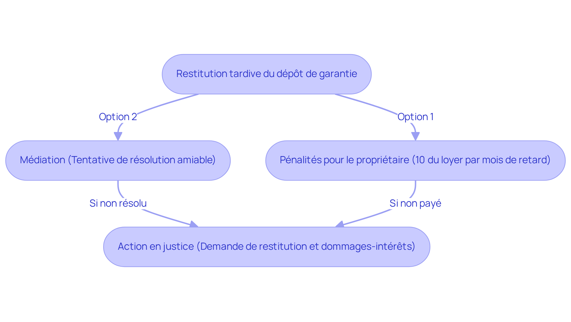 Chaque étape représente un recours que le locataire peut envisager pour récupérer son dépôt de garantie. Suivez les flèches pour voir les options disponibles à chaque étape.