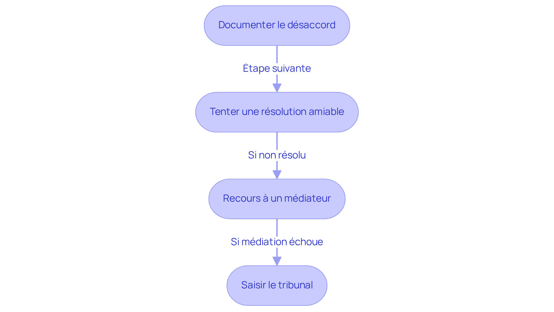 Chaque boîte représente une étape que vous devez suivre en cas de litige. Suivez les flèches pour comprendre comment passer d'une étape à l'autre.