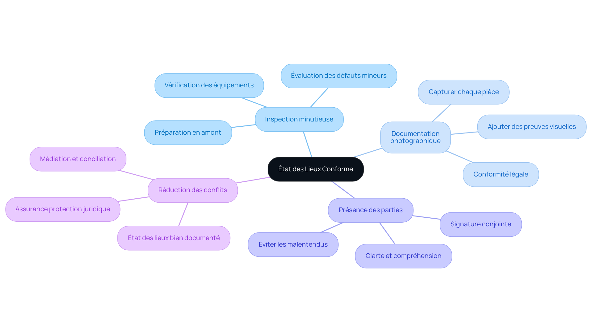 Le centre représente l'objectif principal, puis suivez les branches pour explorer chaque aspect essentiel de l'établissement d'un état des lieux. Chaque couleur indique un domaine spécifique d'importance.