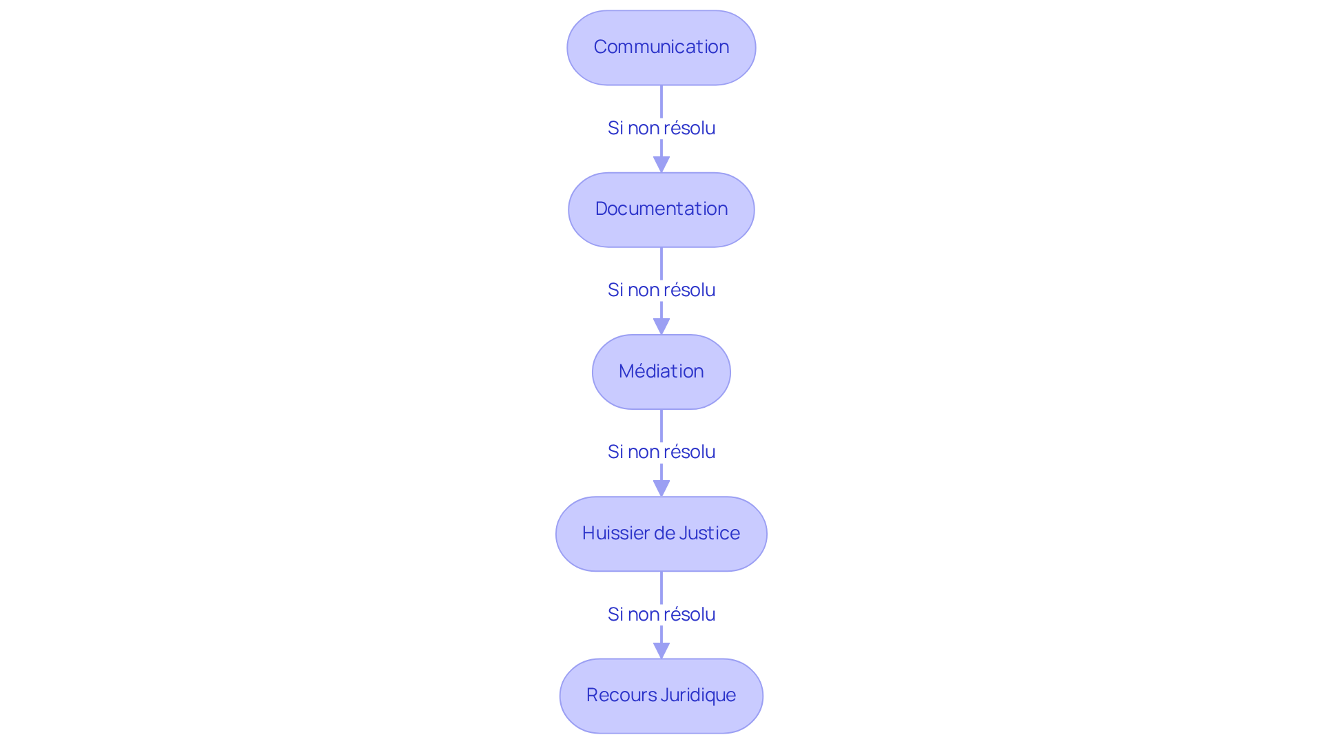 Chaque étape correspond à un point clé dans le processus de résolution d'un litige. Suivez les flèches pour voir comment passer d'une étape à l'autre, de la communication à la décision juridique.