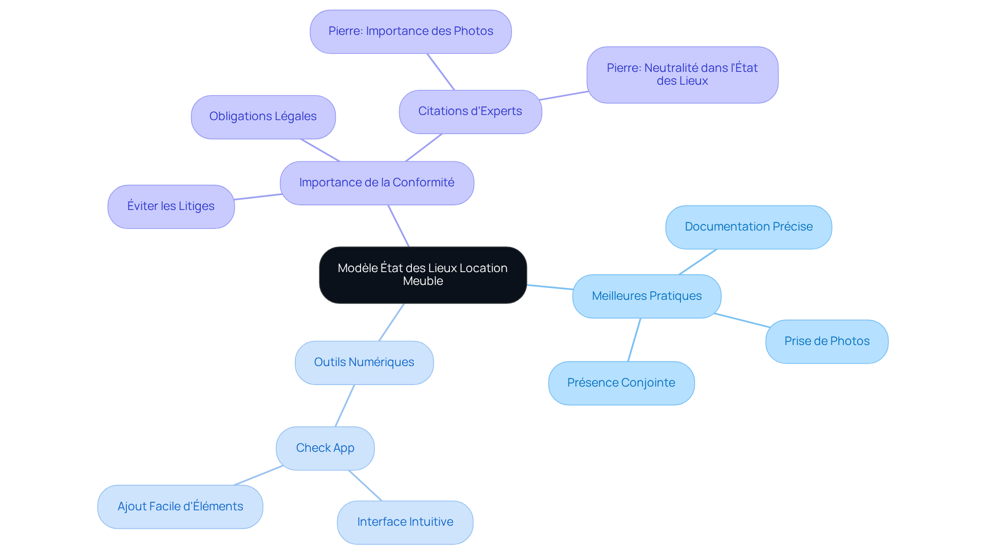 Le nœud central représente le modèle d'état des lieux, tandis que les branches montrent les pratiques recommandées et les outils à utiliser. Suivez les branches pour explorer des conseils spécifiques et des éléments importants à inclure.