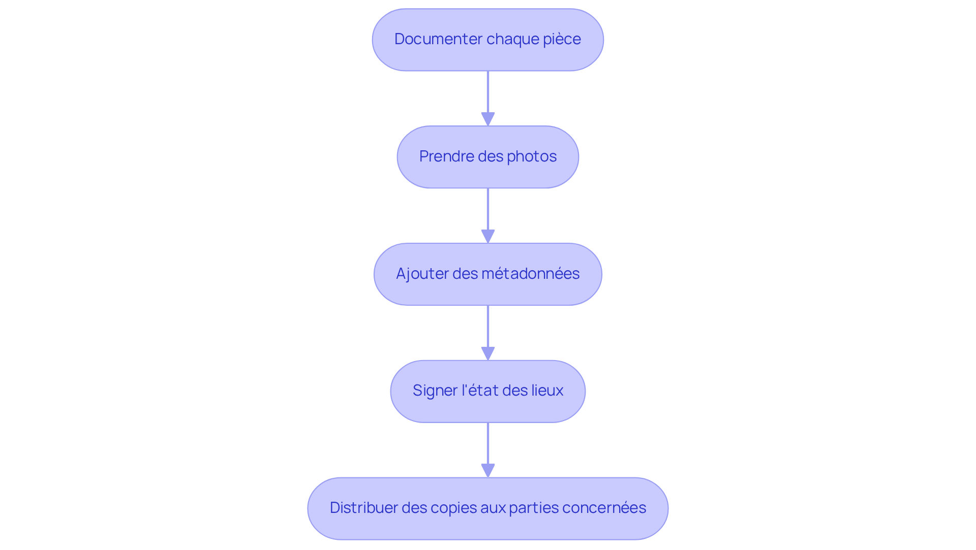 Chaque étape du flowchart montre ce qu'il faut faire pour un état des lieux efficace — suivez les flèches pour voir comment chaque action mène à la suivante.