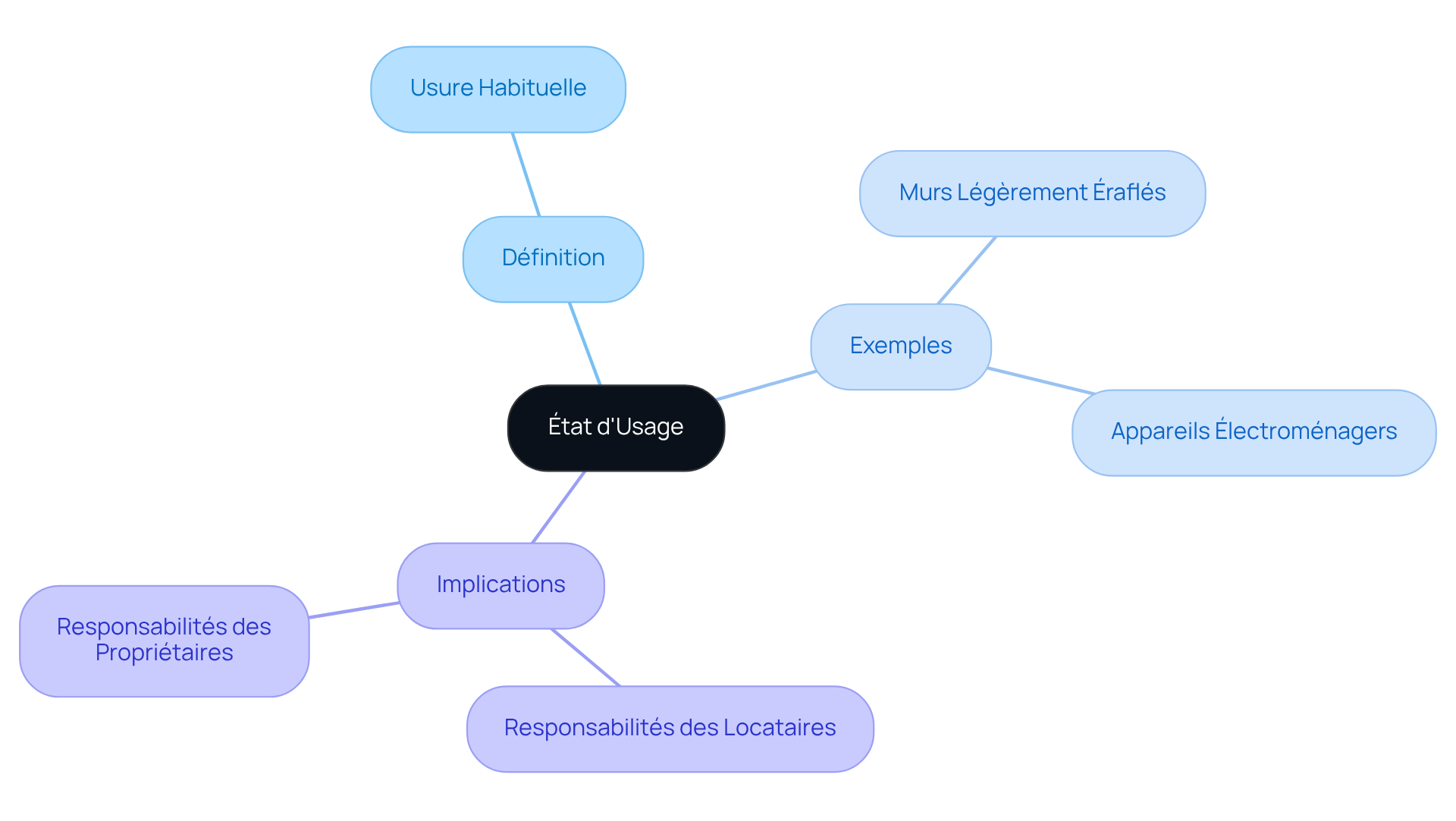 Le nœud central représente la définition de l'état d'usage, et les branches montrent les exemples et les responsabilités associées. Chaque branche est une partie importante de la compréhension du concept.