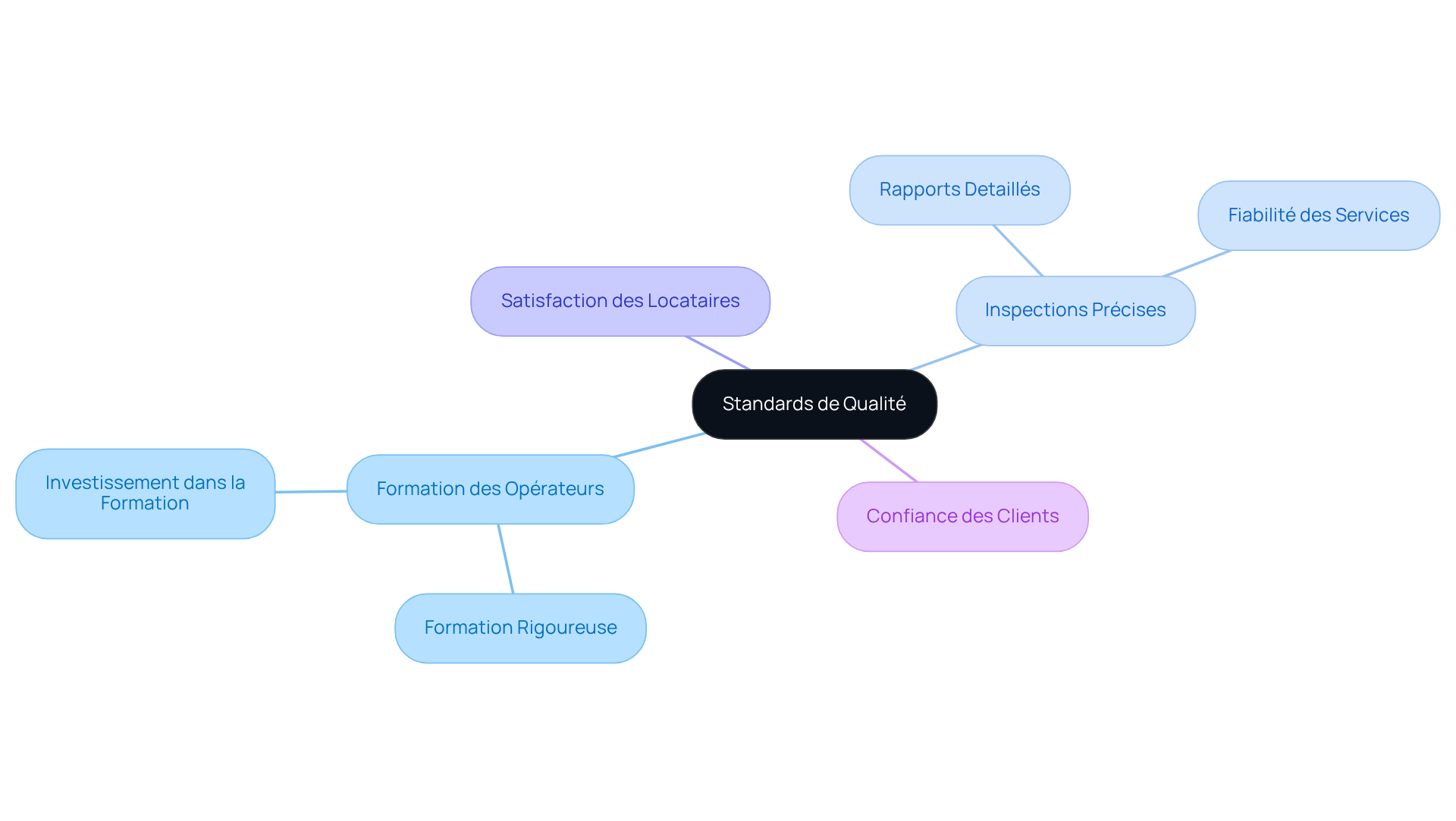 Le nœud central représente les standards de qualité, et chaque branche explore comment la formation des opérateurs et leurs actions contribuent à un service de haute qualité.