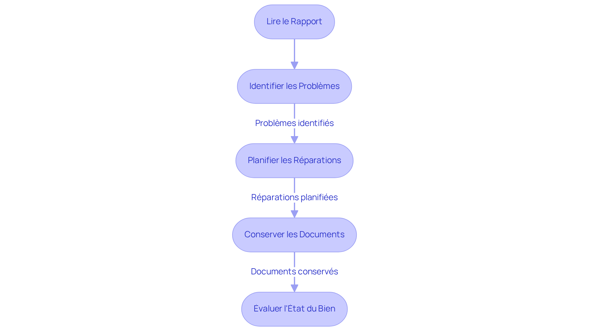 Chaque étape représente une action à réaliser pour analyser et vérifier les résultats du diagnostic immobilier. Suivez les flèches pour voir comment passer d'une étape à l'autre.