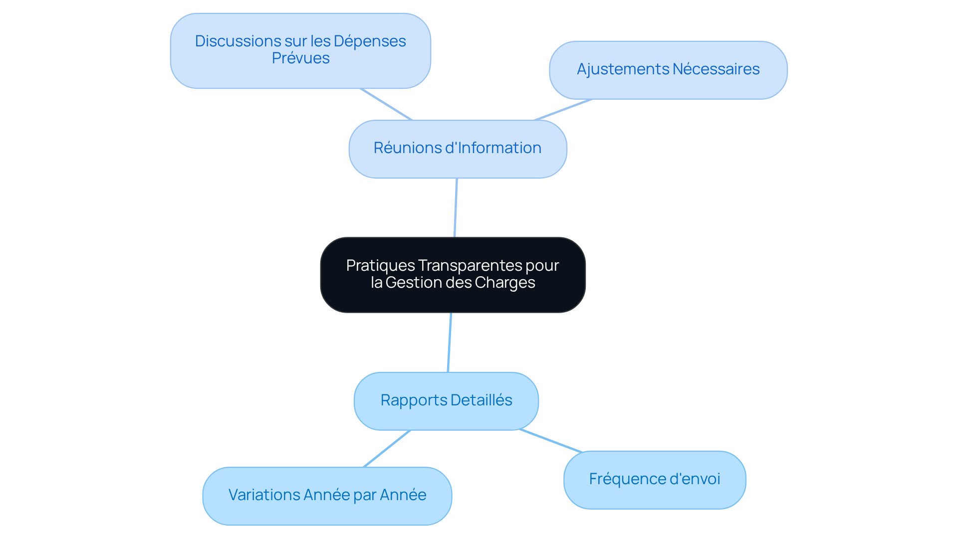 Au centre, vous avez les pratiques transparentes. Suivez les branches pour explorer chaque pratique et ses sous-éléments, ce qui montre comment elles contribuent à une meilleure gestion des charges.