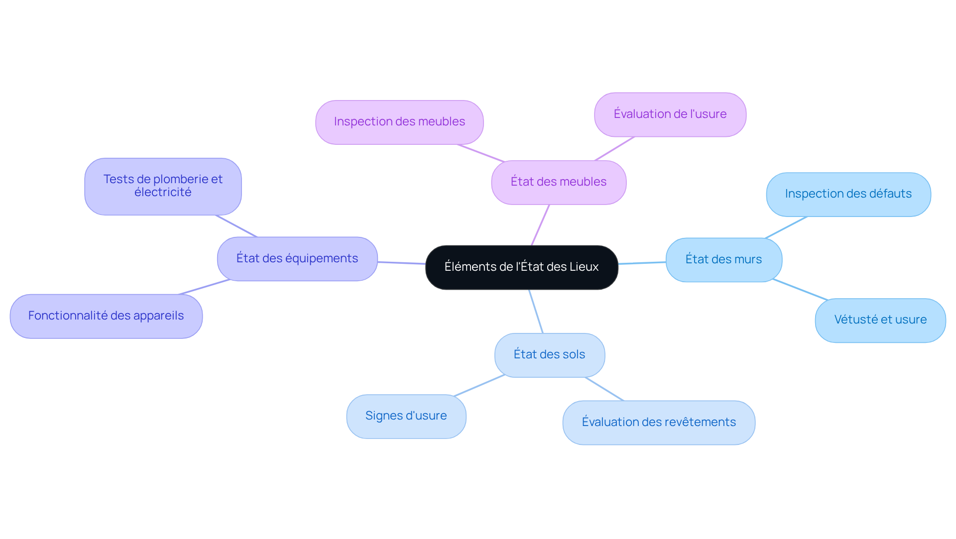 Le nœud central représente le modèle état des lieux, et chaque branche principale montre un aspect important à vérifier. Suivez les branches pour voir tous les éléments à considérer.