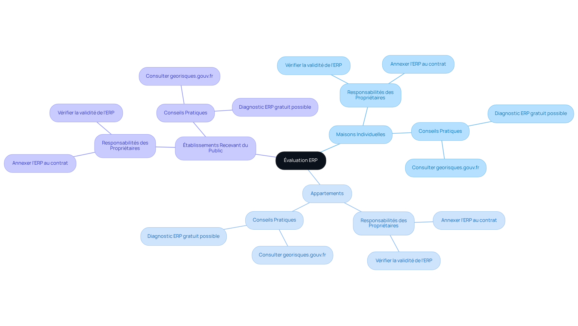 Le nœud central représente l'évaluation ERP, les branches montrent les types de biens concernés, et les sous-branches illustrent les responsabilités des propriétaires et les conseils pratiques.