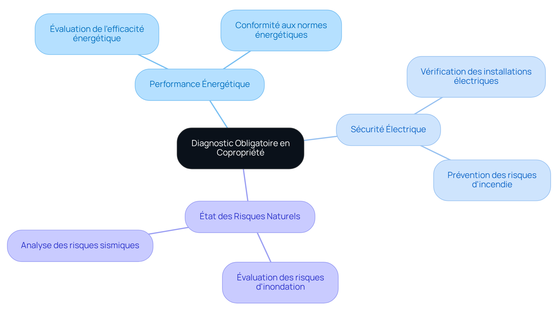 Le nœud central représente le sujet principal, et les branches montrent les différents types de diagnostics nécessaires. Plus vous vous éloignez du centre, plus vous entrez dans les détails des évaluations.