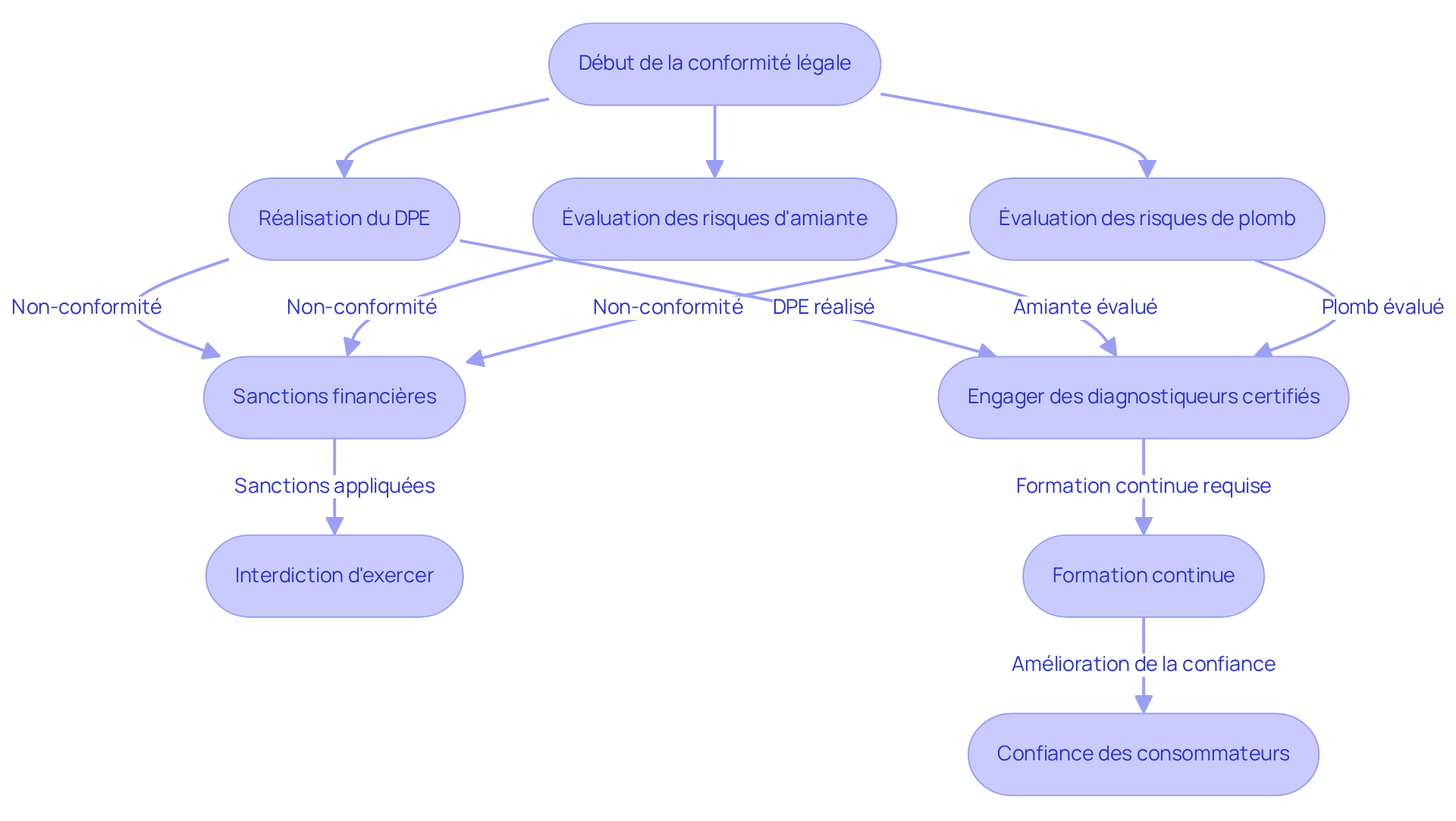 Chaque étape du flowchart montre un aspect clé de la conformité légale. Si une étape n'est pas suivie, des conséquences graves peuvent survenir, comme des sanctions ou une perte de confiance des consommateurs. Les pourcentages et données financières illustrent l'impact de la non-conformité sur le secteur.