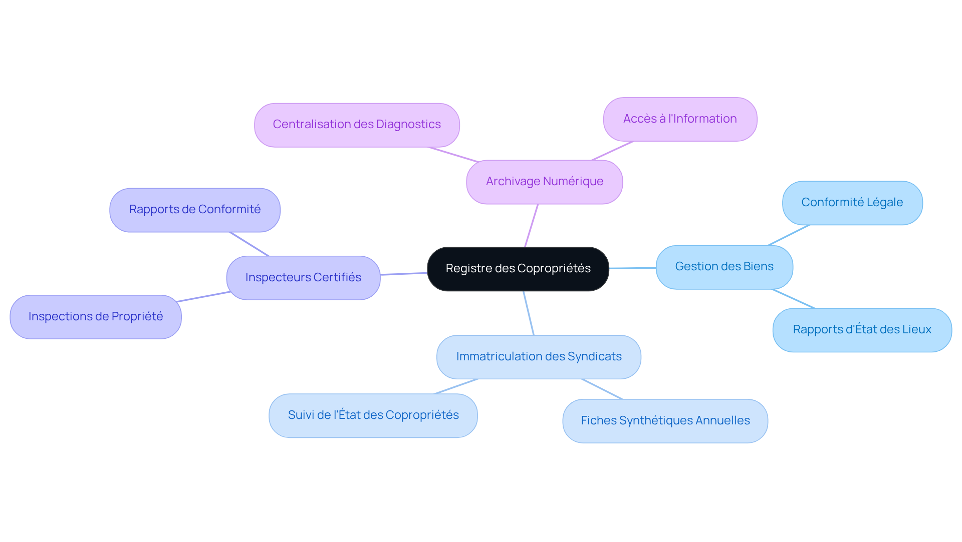 Le nœud central représente le registre, et chaque branche principale correspond à un aspect clé de sa gestion. Les sous-branches fournissent des détails supplémentaires qui enrichissent la compréhension de chaque thème.