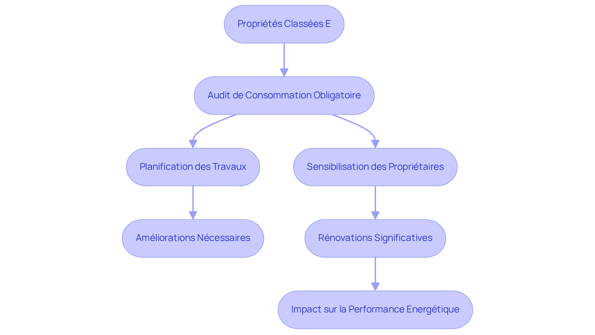 Chaque étape représente une action à réaliser dans le cadre de l'audit énergétique. Suivez les flèches pour comprendre comment chaque étape est reliée et comment elles se succèdent.