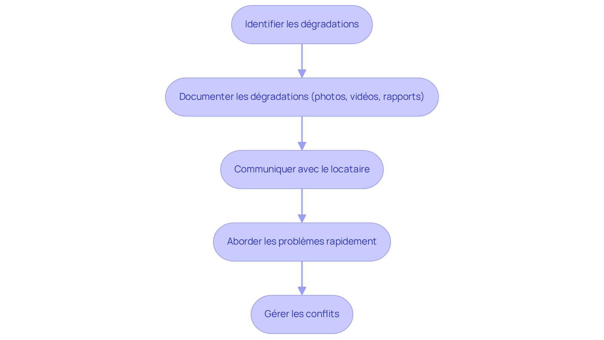 Chaque étape représente une action à entreprendre pour gérer les dégradations. Suivez les flèches pour voir comment chaque action mène à la suivante, afin de mieux gérer les conflits et maintenir une bonne relation avec les locataires.