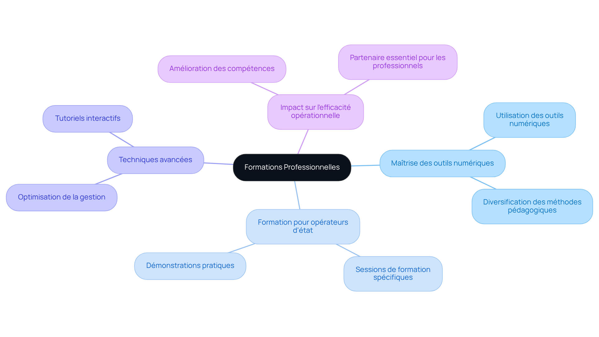 Au centre, vous avez le thème principal, et en suivant les branches, vous découvrirez les différents aspects des formations qui aident les professionnels à maîtriser les outils numériques.