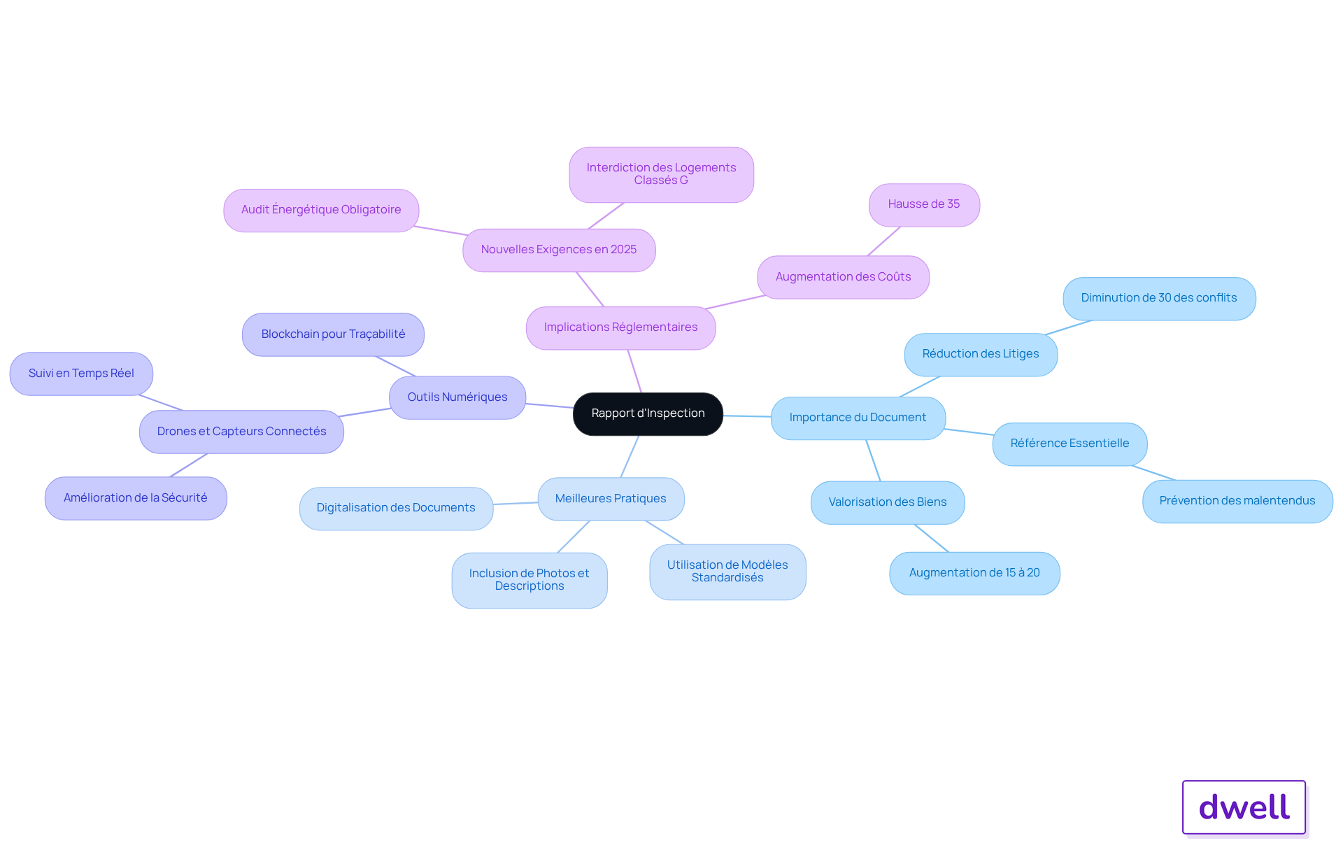Le nœud central représente le rapport d'inspection, tandis que les branches montrent les différents aspects importants à considérer. Chaque couleur représente un thème différent, facilitant la navigation entre les concepts.
