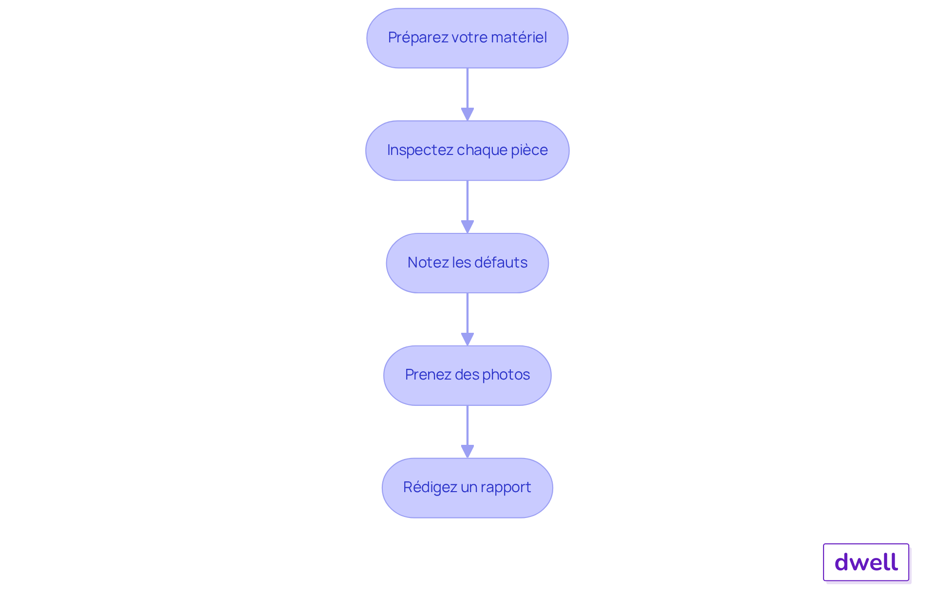 Chaque étape du diagramme représente une action à suivre lors de l'inspection. Suivez les flèches pour naviguer d'une étape à l'autre jusqu'à ce que l'inspection soit complétée. Chaque étape du diagramme représente une action à suivre lors de l'inspection. Suivez les flèches pour naviguer d'une étape à l'autre jusqu'à ce que l'inspection soit complétée.