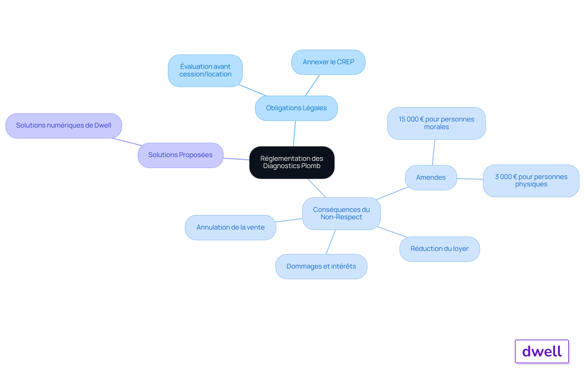 Le nœud central représente la réglementation, les branches montrent les obligations, les conséquences et les solutions. Chaque couleur indique une catégorie différente, facilitant la navigation dans les informations.