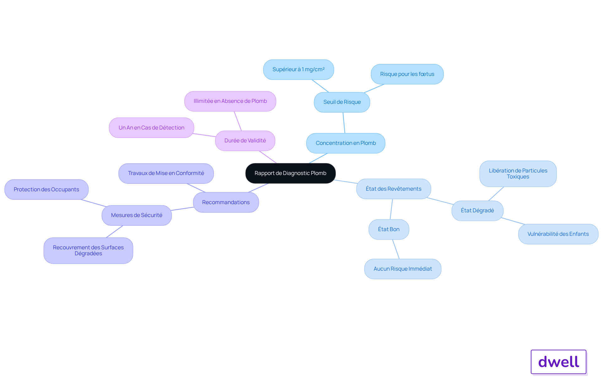 Le nœud central représente le rapport, et chaque branche montre un aspect clé du diagnostic. Suivez les sous-branches pour explorer les détails et comprendre les implications de chaque point.