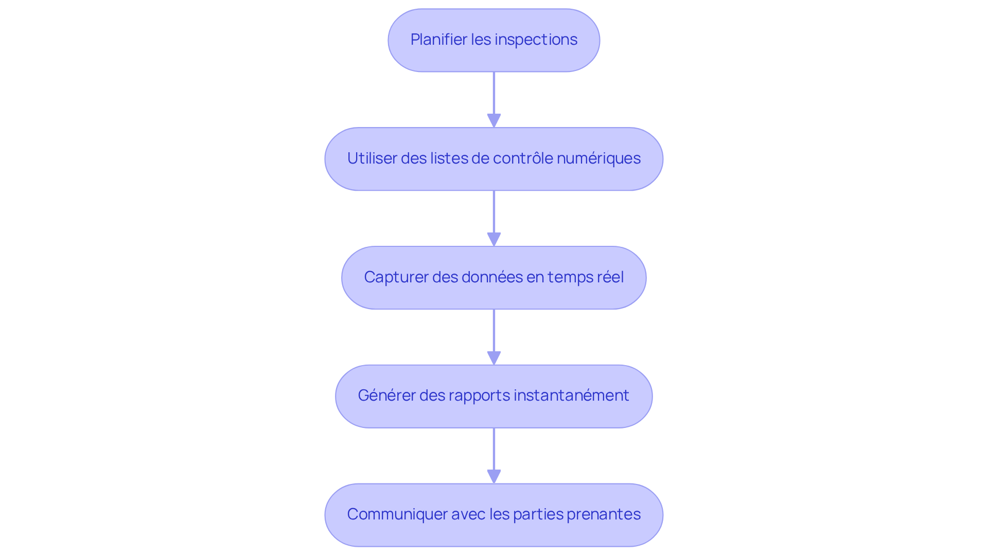 Chaque étape représente une partie du processus d'inspection. Suivez les flèches pour voir comment chaque étape mène à la suivante, garantissant ainsi une inspection efficace et bien organisée. Chaque étape représente une partie du processus d'inspection. Suivez les flèches pour voir comment chaque étape mène à la suivante, garantissant ainsi une inspection efficace et bien organisée.