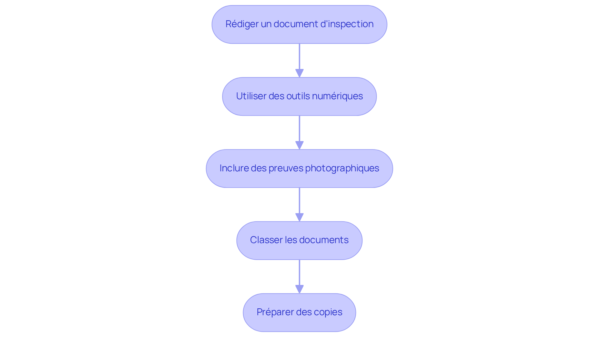 Chaque étape représente une partie du processus de documentation. Suivez les flèches pour voir comment chaque étape mène à la suivante, garantissant ainsi une documentation complète et organisée des inspections. Chaque étape représente une partie du processus de documentation. Suivez les flèches pour voir comment chaque étape mène à la suivante, garantissant ainsi une documentation complète et organisée des inspections.