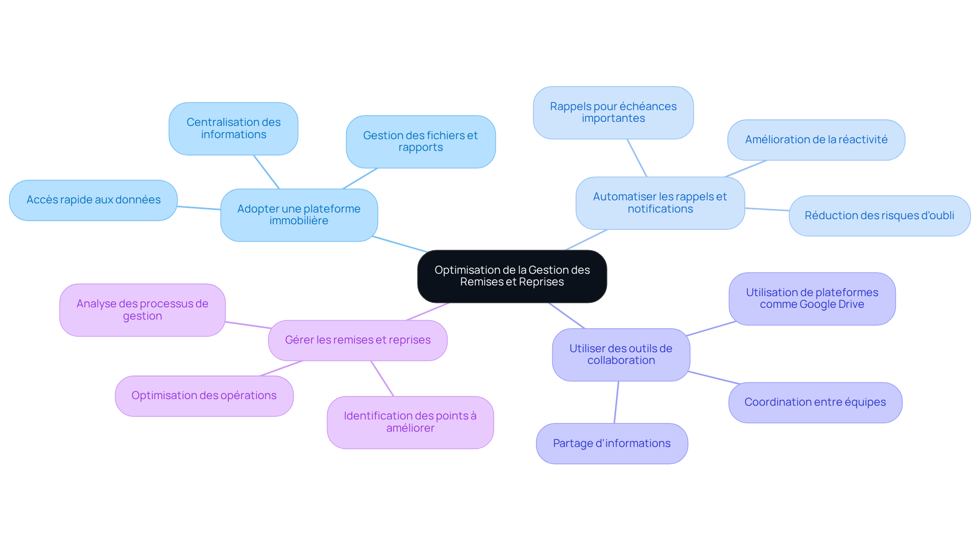 Chaque branche représente une recommandation pour améliorer la gestion des remises et reprises. Suivez les branches pour explorer chaque suggestion et ses avantages. Chaque branche représente une recommandation pour améliorer la gestion des remises et reprises. Suivez les branches pour explorer chaque suggestion et ses avantages.