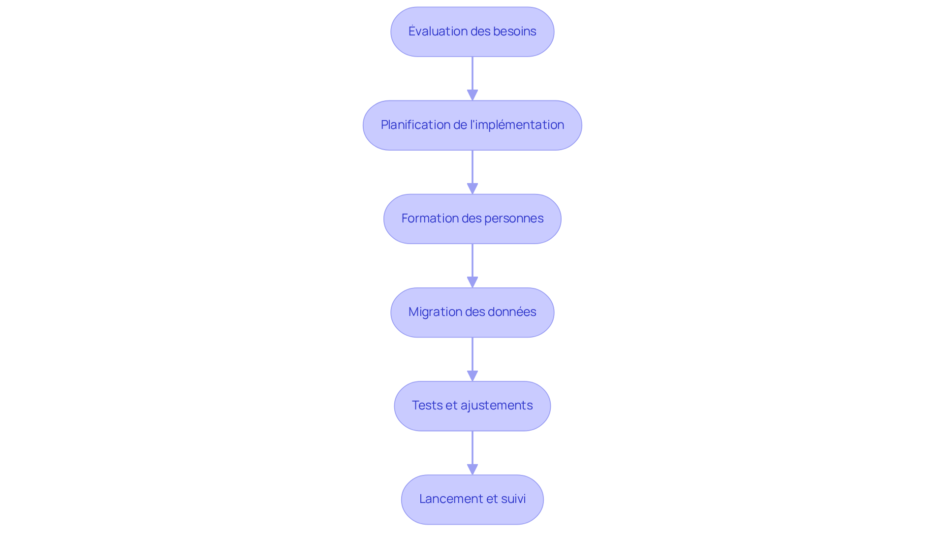 Chaque boîte représente une étape du processus d'implémentation. Suivez les flèches pour voir comment chaque étape mène à la suivante, garantissant ainsi une mise en œuvre réussie du logiciel.
