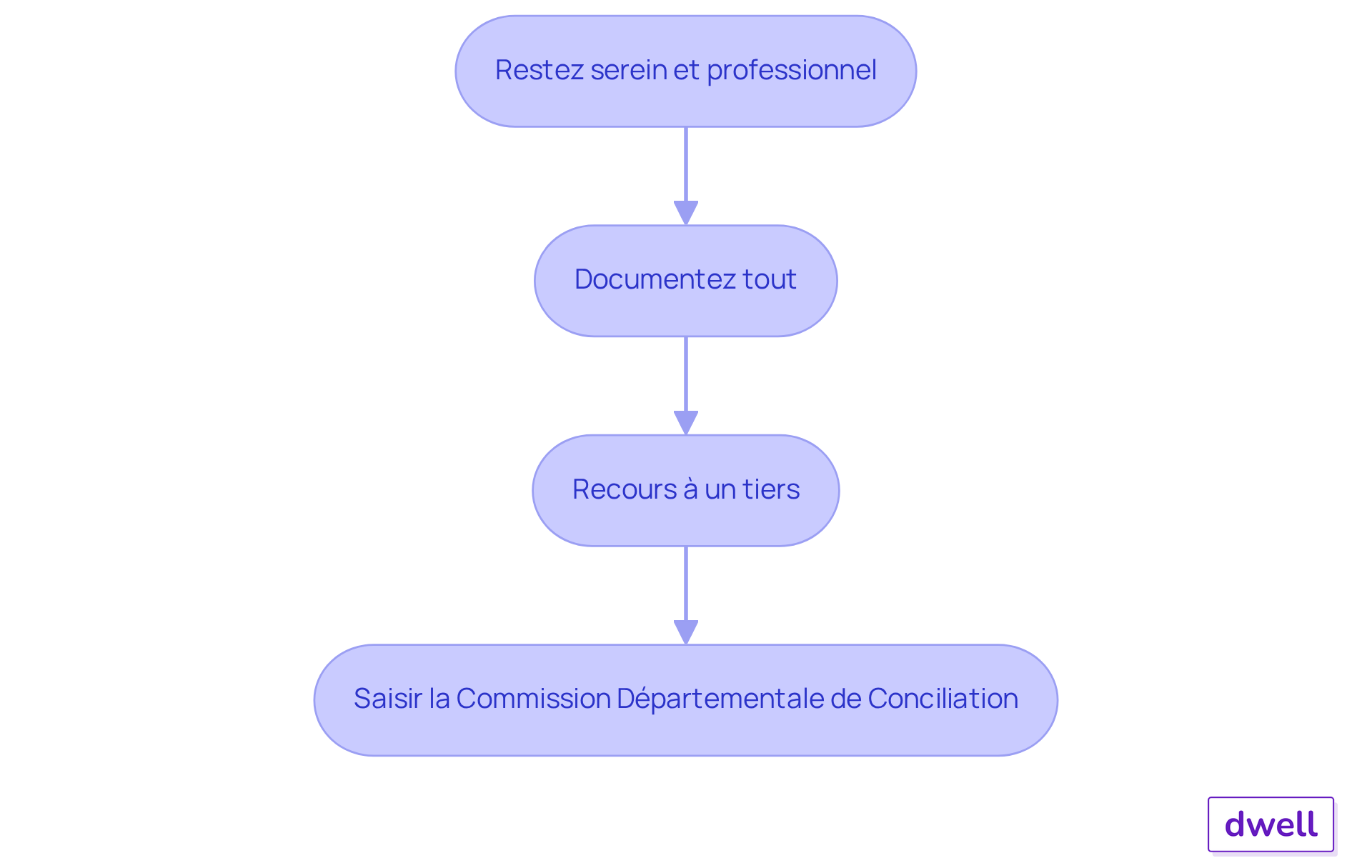 Chaque étape représente une action à suivre pour gérer un litige. Suivez les flèches pour voir comment passer d'une étape à l'autre et résoudre efficacement les problèmes. Chaque étape représente une action à suivre pour gérer un litige. Suivez les flèches pour voir comment passer d'une étape à l'autre et résoudre efficacement les problèmes.