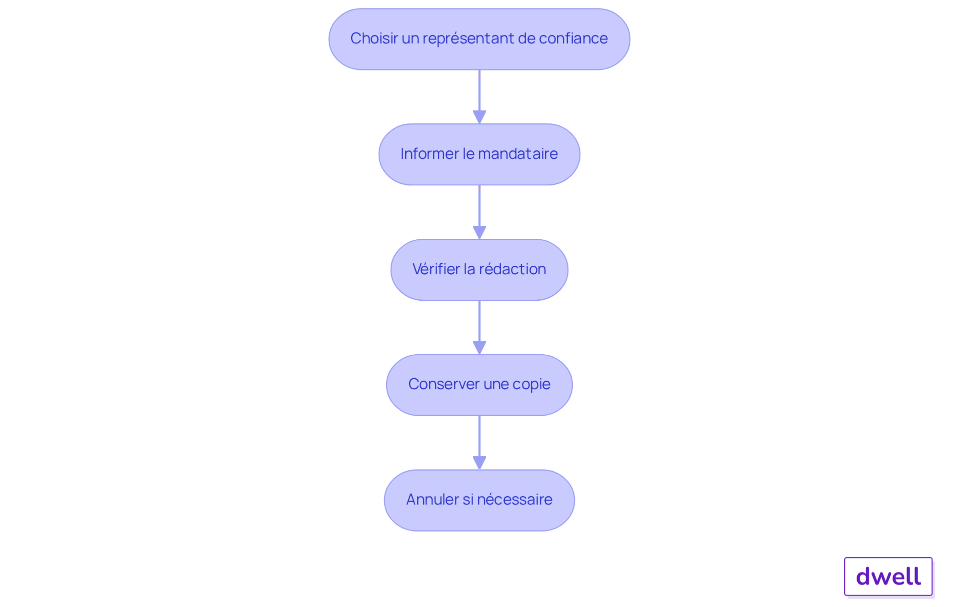 Chaque étape représente une précaution à suivre pour gérer efficacement une procuration. Suivez les flèches pour voir comment chaque action mène à la suivante, garantissant ainsi une gestion sécurisée et efficace.