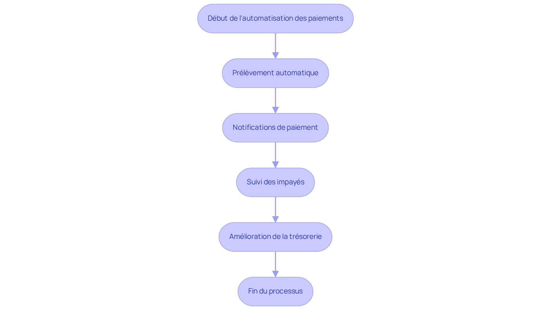 Chaque boîte représente une étape dans le processus d'automatisation. Suivez les flèches pour voir comment chaque étape mène à la suivante, et comment cela contribue à une gestion plus efficace des paiements.