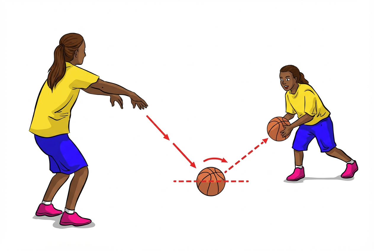 Illustration demonstrating the proper technique for a basketball bounce pass, showing power step, pronation, and follow-through.