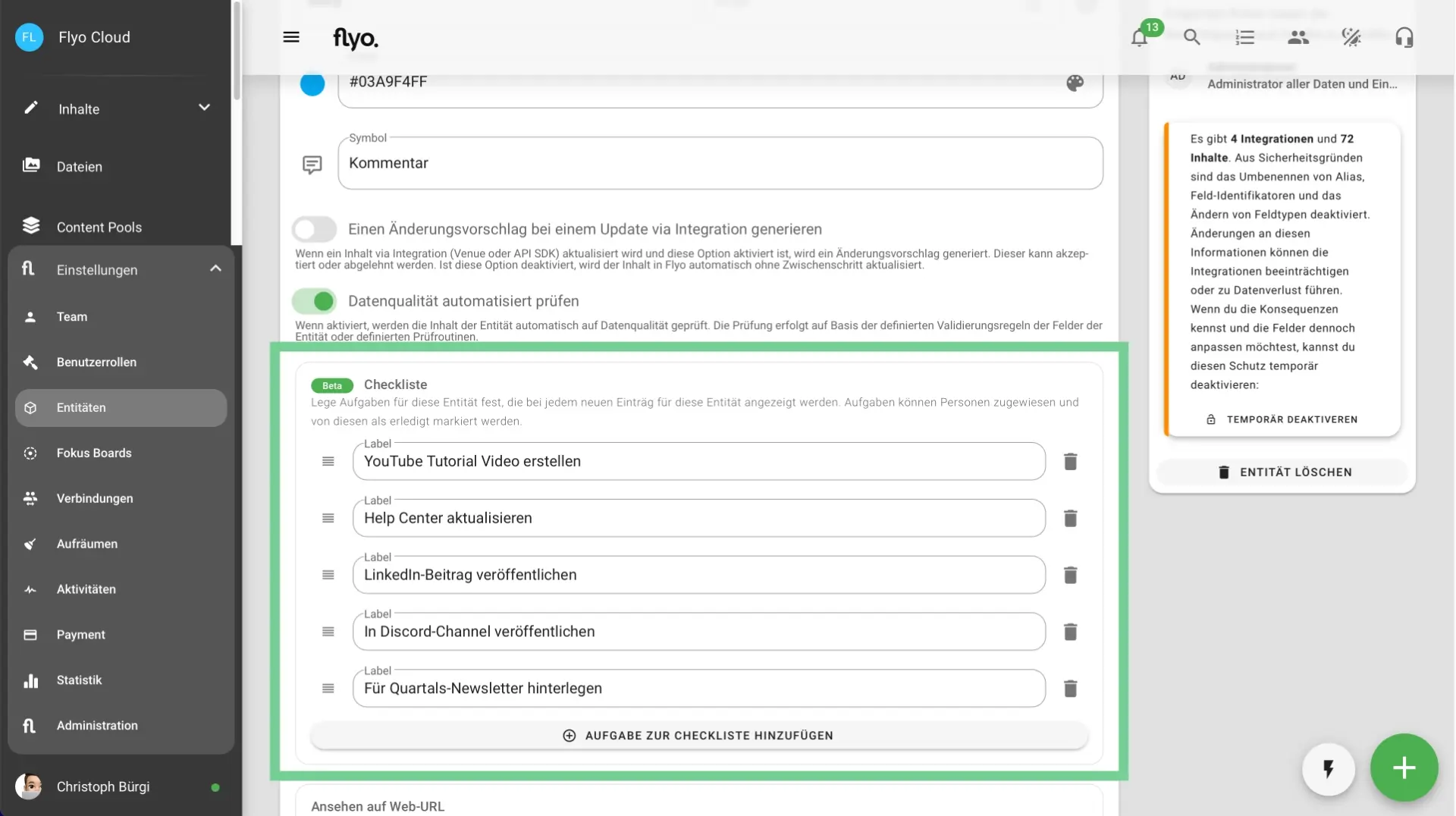 Die Einstellungen für die Checkliste befinden sich im Abschnitt Checkliste in den Einstellungen der jeweiligen Entität.