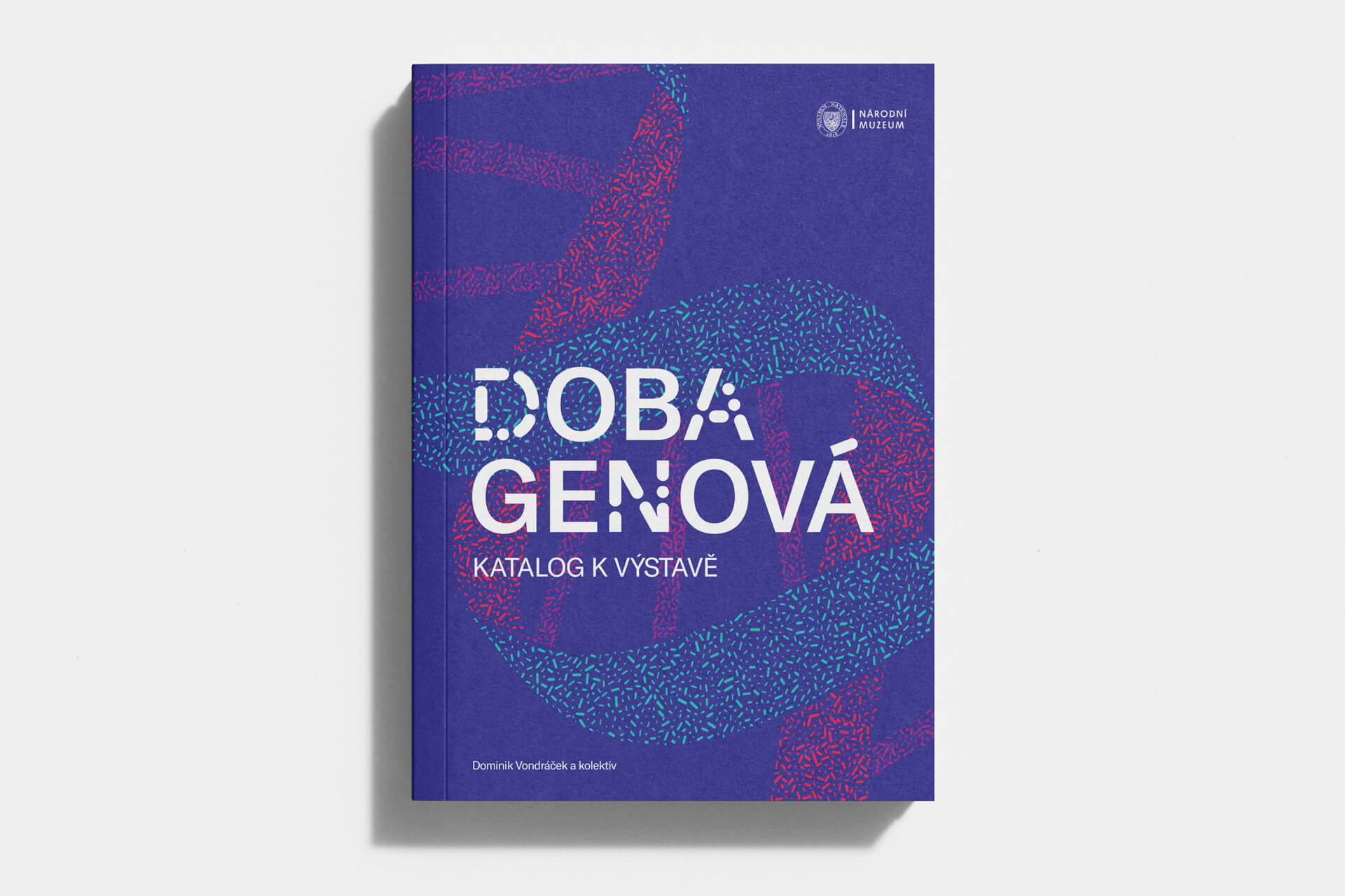 Kniha – katalog k výstavě Doba genová s výraznou fialovo-modrou obálkou a stylizovaným motivem DNA.